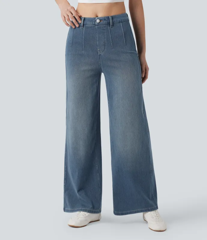 Halara Jeans casuales anchos Halara Flex™ con control de abdomen y tiro medio con bolsillos - Blue Surf Denim - XS(regular) sold by Halara