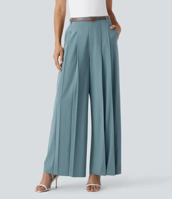 Halara Pantalones de oficina anchos Breezeful™ de tiro medio con secado rápido y bolsillos laterales - Stone Blue - XL(regular) made by Halara