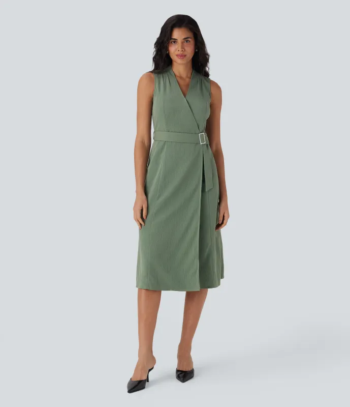 Halara Vestido midi sin mangas y escote en V cruzado con cinturón y bolsillos laterales - Hedge Green - XS made by Halara