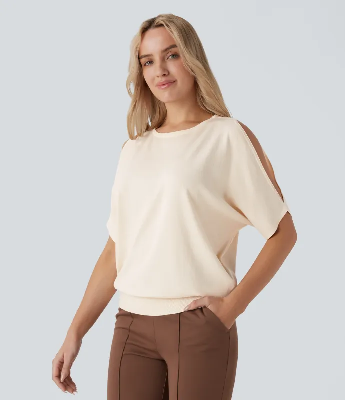 Halara Suéter oficina manga corta cuello redondo sin hombro - Arctic Wolf - M sold by Halara