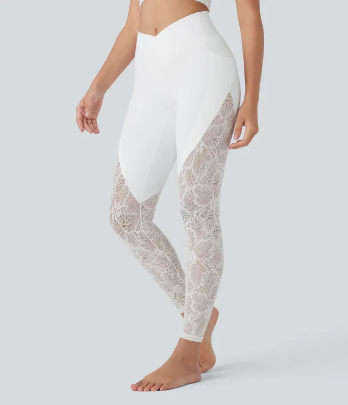Halara Leggings Softlyzero™ yoga tiro alto bolsillo lateral cruzado encaje contrastante 7/8 - UPF50+ - White - XL(7/8) sold by Halara