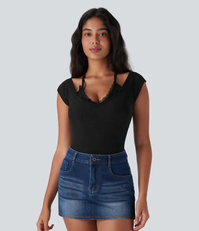 Halara Top encaje acanalado manga corta cuello halter súper elástico agradable para piel - Black - XS sold by Halara