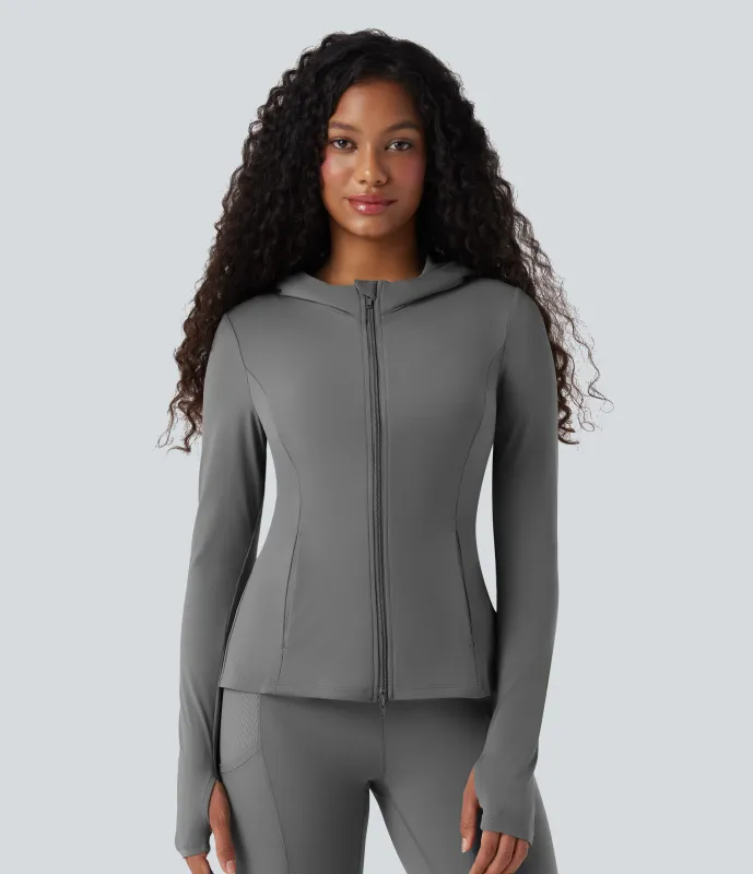 Halara Chamarra plisada  SoftlyZero™ de manga larga con capucha y abertura para el pulgar con bolsillos - UPF50+ - Steel Gray - M sold by Halara