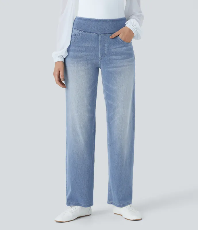 Halara Jeans Halara Flex™ Denim elástico lavado múltiple bolsillo tiro alto - Edge Blue Denim - L(tall) sold by Halara