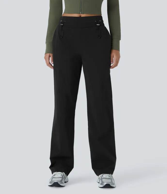 Halara Pantalón pierna recta bolsillo lateral cordón ajustable tiro medio resistente desgaste - Black - L(regular) sold by Halara