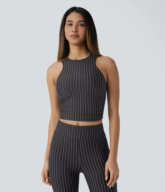 Halara Top deportivo yoga tacto fresco corte corto raya fruncida - Black White Oxford Pinstripe - S sold by Halara