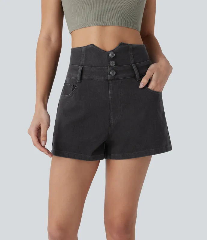 Halara Pantalón corto Halara Flex™ Denim mezclilla elástico botón decorativo tiro alto 6.3cm - Black Denim - L(regular) sold by Halara