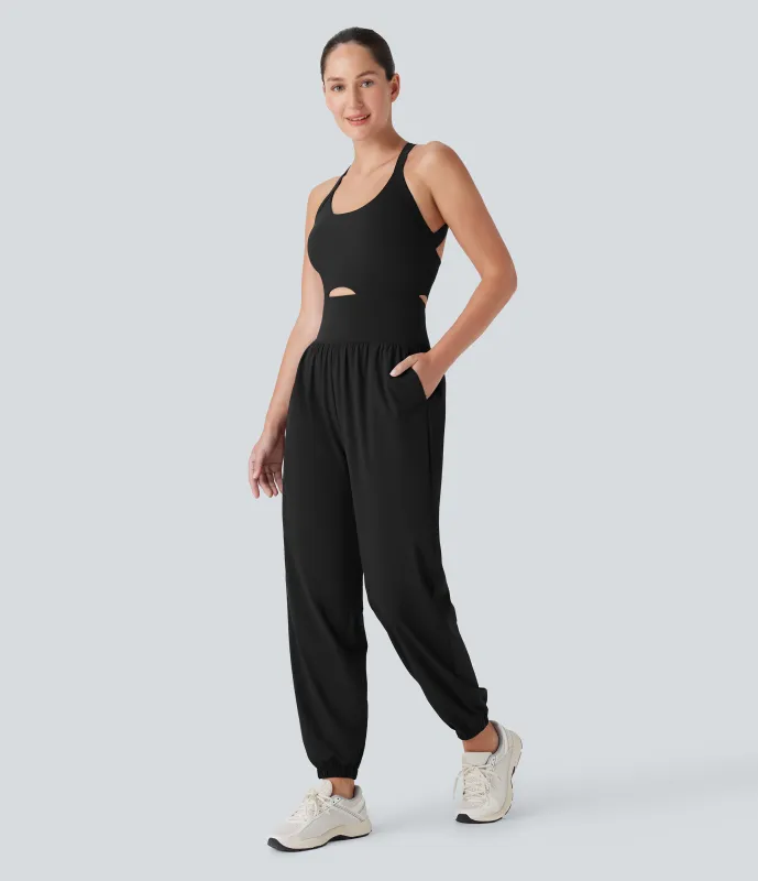 Halara Mono Breezeful™ SoCinched yoga secado rápido bolsillo lateral control abdomen torcido cuello U recortado sin espalda - Black - L(regular) sold by Halara