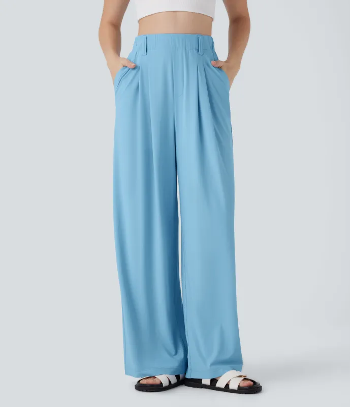 Halara Pantalones casuales de tiro alto con bolsillos laterales, pierna ancha y tacto fresco - UPF50+ - Sky Blue - L(regular) sold by Halara