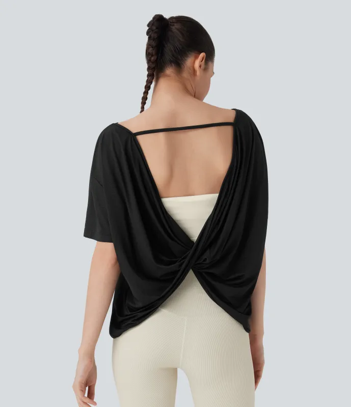 Halara Top deportivo de manga corta para yoga con espalda descubierta cruzada - Black - XS sold by Halara