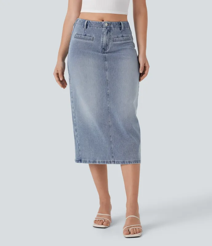 Halara Falda Halara Flex™ Denim vaquera recta elástico lavado abertura espalda tiro medio bolsillo - Malibu Blue Denim - S(regular) sold by Halara