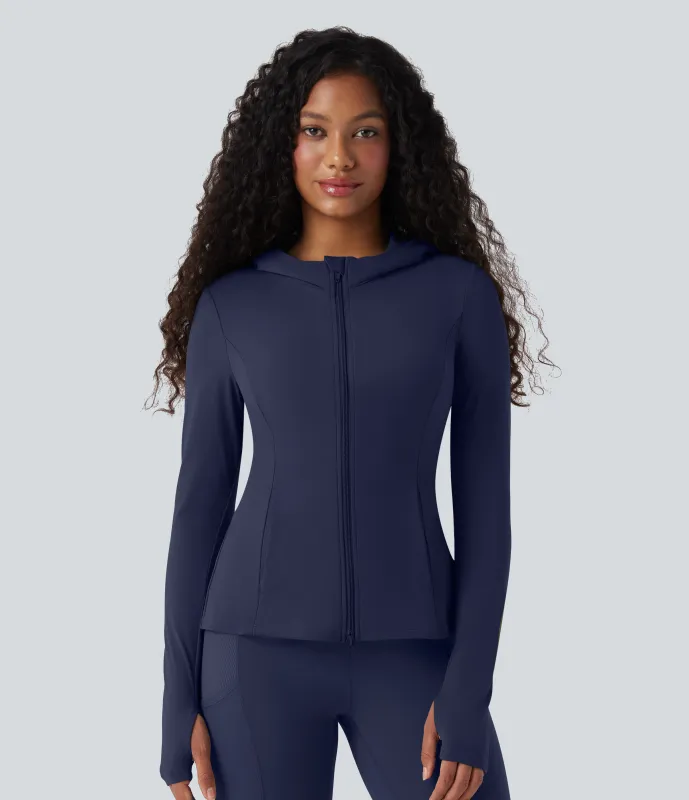 Halara Chamarra plisada  SoftlyZero™ de manga larga con capucha y abertura para el pulgar con bolsillos - UPF50+ - Peacoat - L sold by Halara