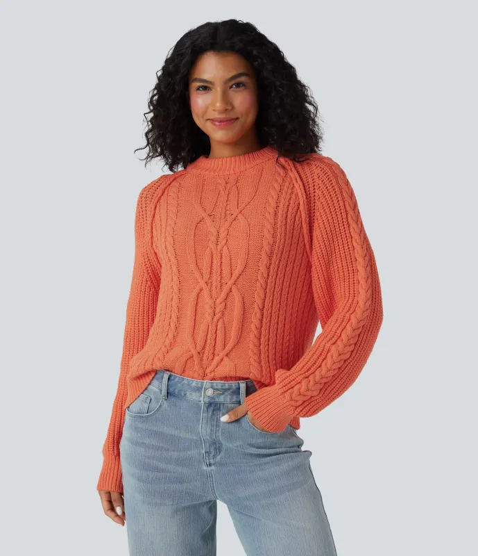 Halara Suéter casual de punto trenzado holgado con cuello redondo y manga larga raglán - Pastel Red - L sold by Halara