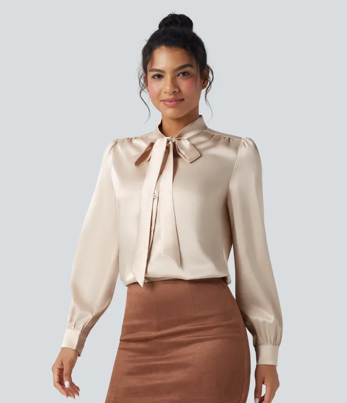 Halara Camisa de oficina de satén de manga larga con lazo delantero - Birch - L sold by Halara