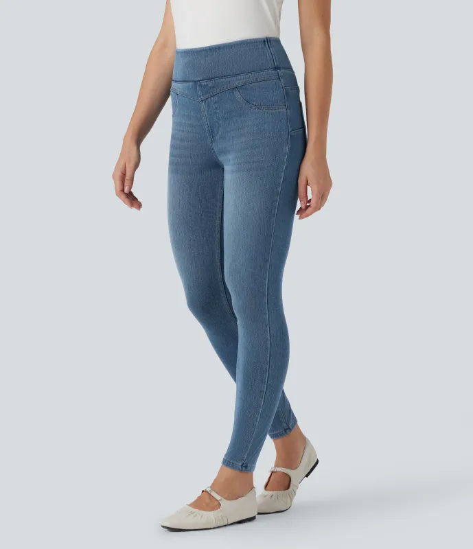 Halara Leggings casuales ajustados de mezclilla Halara Flex™ de tiro alto con control de abdomen y bolsillos de 7/8 - Blue Jasper Denim - M(regular) sold by Halara