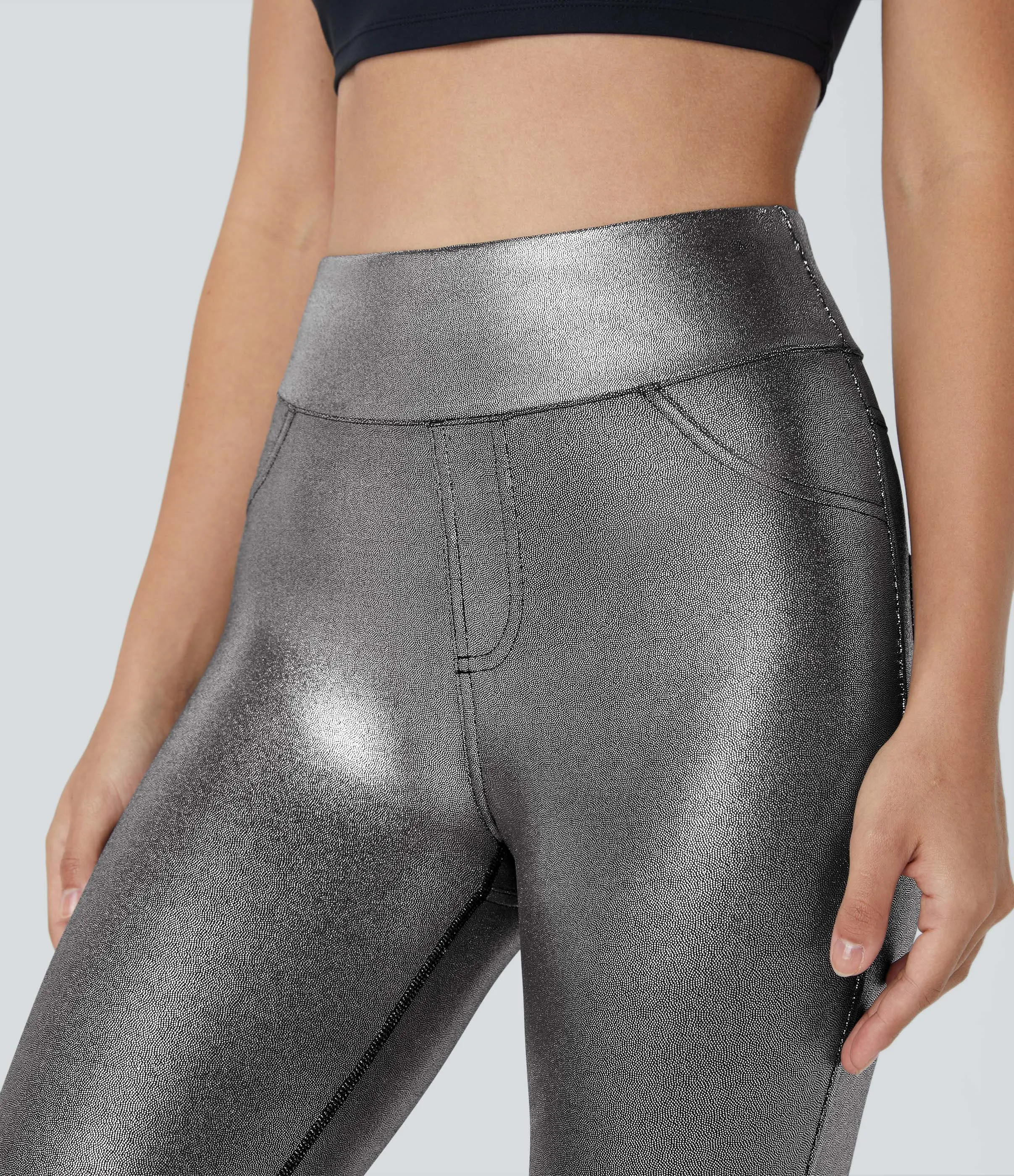 Halara Leggings oficina Softlyzero™ Faux Leather bolsillo lateral trasero tiro alto - Shiny Black Silver - XL(7/8) sold by Halara product image thumbnail 5