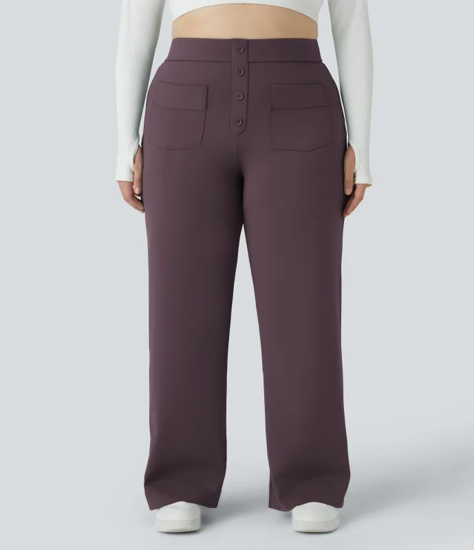 Halara Pantalón tiro alto botón múltiple bolsillo pierna recta talla grande - Dusky Evening purple - 2X sold by Halara