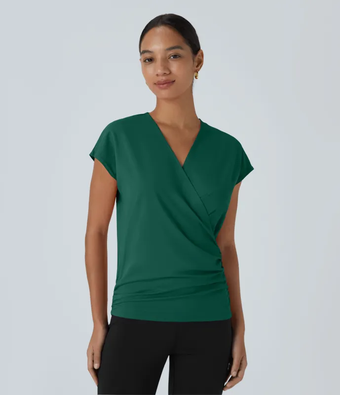 Halara Blusa oficina sólida pliegue cruzado manga japonesa cuello V - Rain Forest - XL sold by Halara