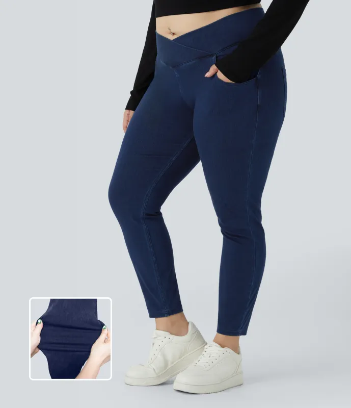 Halara Leggings Halara Flex™ Denim oficina cruzado elástico tiro alto bolsillo talla grande - Washed Denim Navy Blue - 3X(7/8) sold by Halara