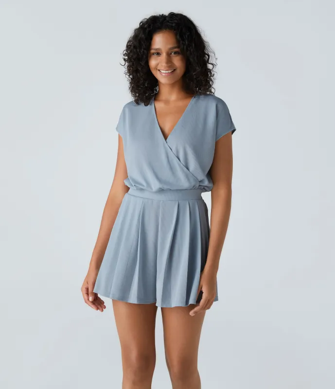 Halara Mono de manga corta casual con cuello en V y bolsillos laterales en tela gofre - Quiet Blue - S sold by Halara