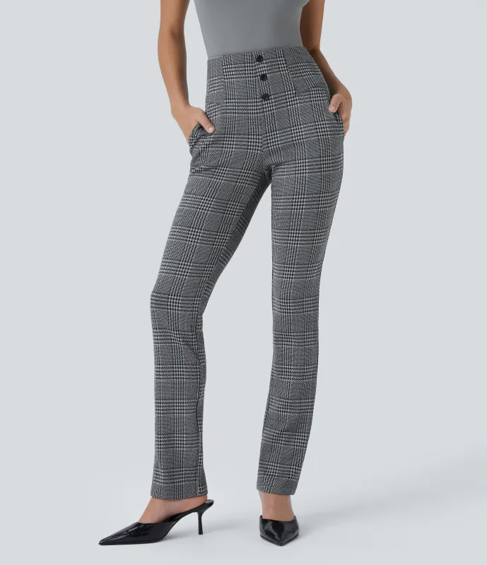 Halara Pantalón Halara Flex™ oficina ajustado pata gallo bolsillo lateral botón decorativo tiro alto - Dark Gray Plaid - S(tall) made by Halara
