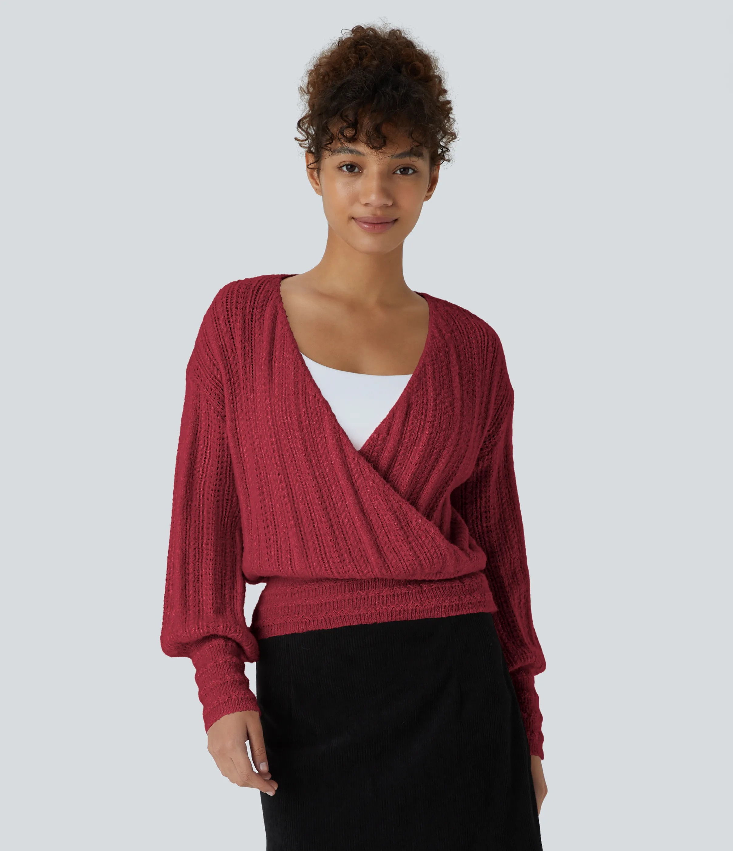 Halara Suéter oficina manga larga cuello V transparente usar delante detrás - Red Bud - S sold by Halara product image thumbnail 2