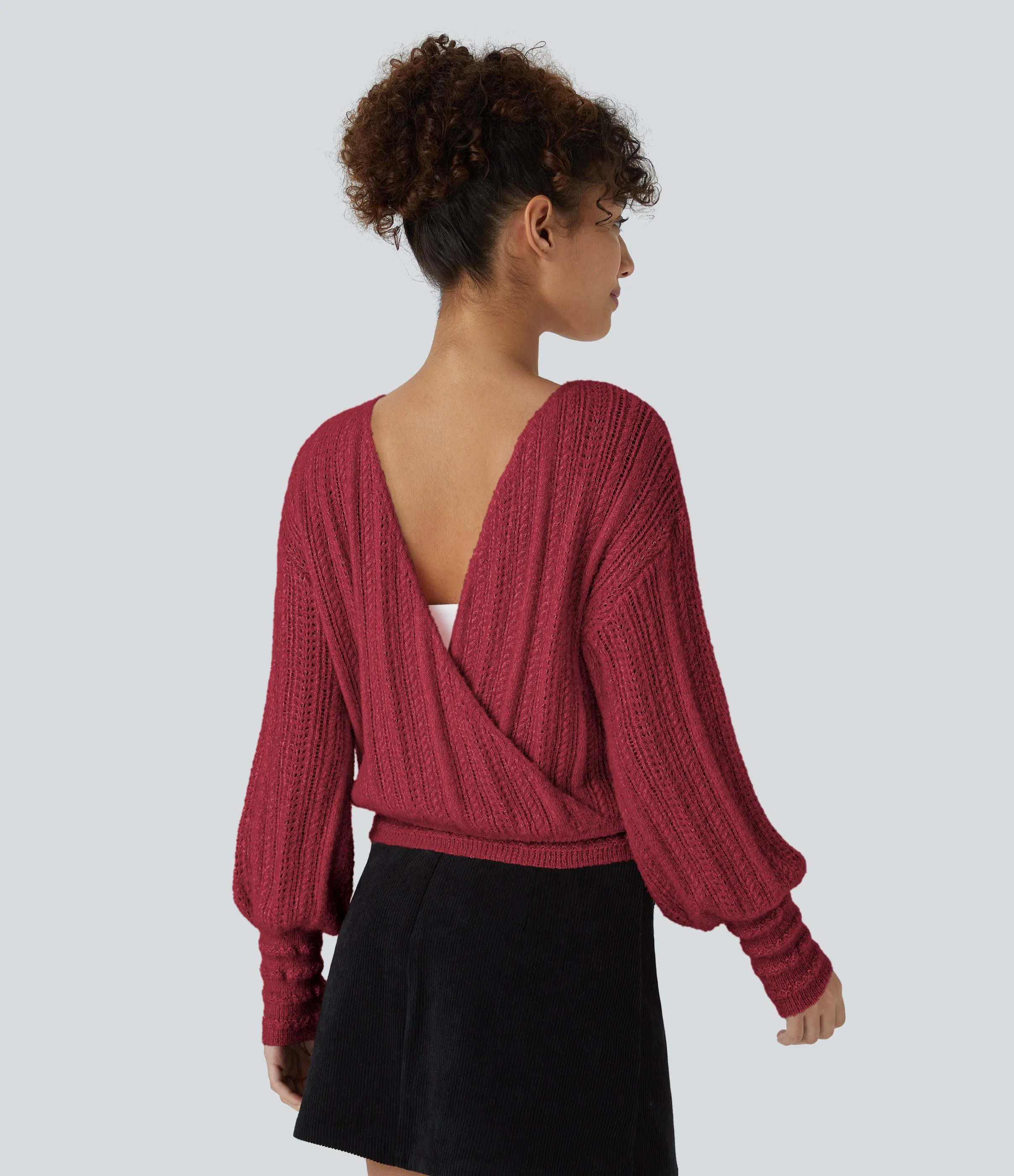 Halara Suéter oficina manga larga cuello V transparente usar delante detrás - Red Bud - S sold by Halara product image thumbnail 5