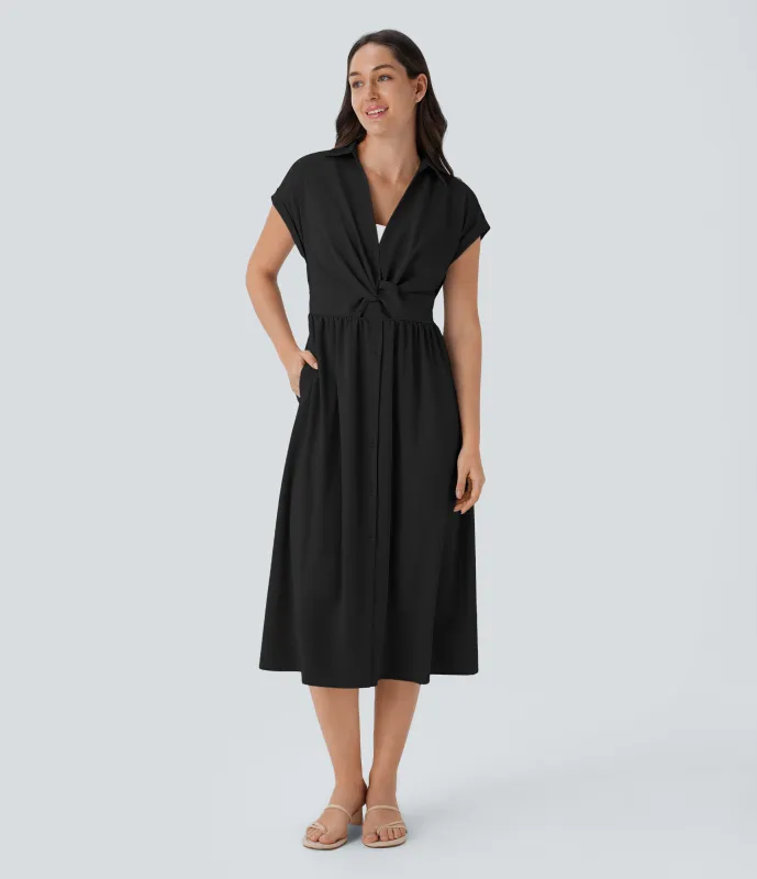 Halara Vestido midi cuello en V manga corta bolsillo lateral torcido botón - Black - XS sold by Halara