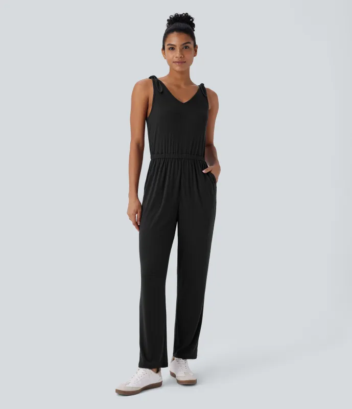 Halara Mono sin mangas cuello V bolsillo lateral nudo acanalado - Black - M(regular) sold by Halara