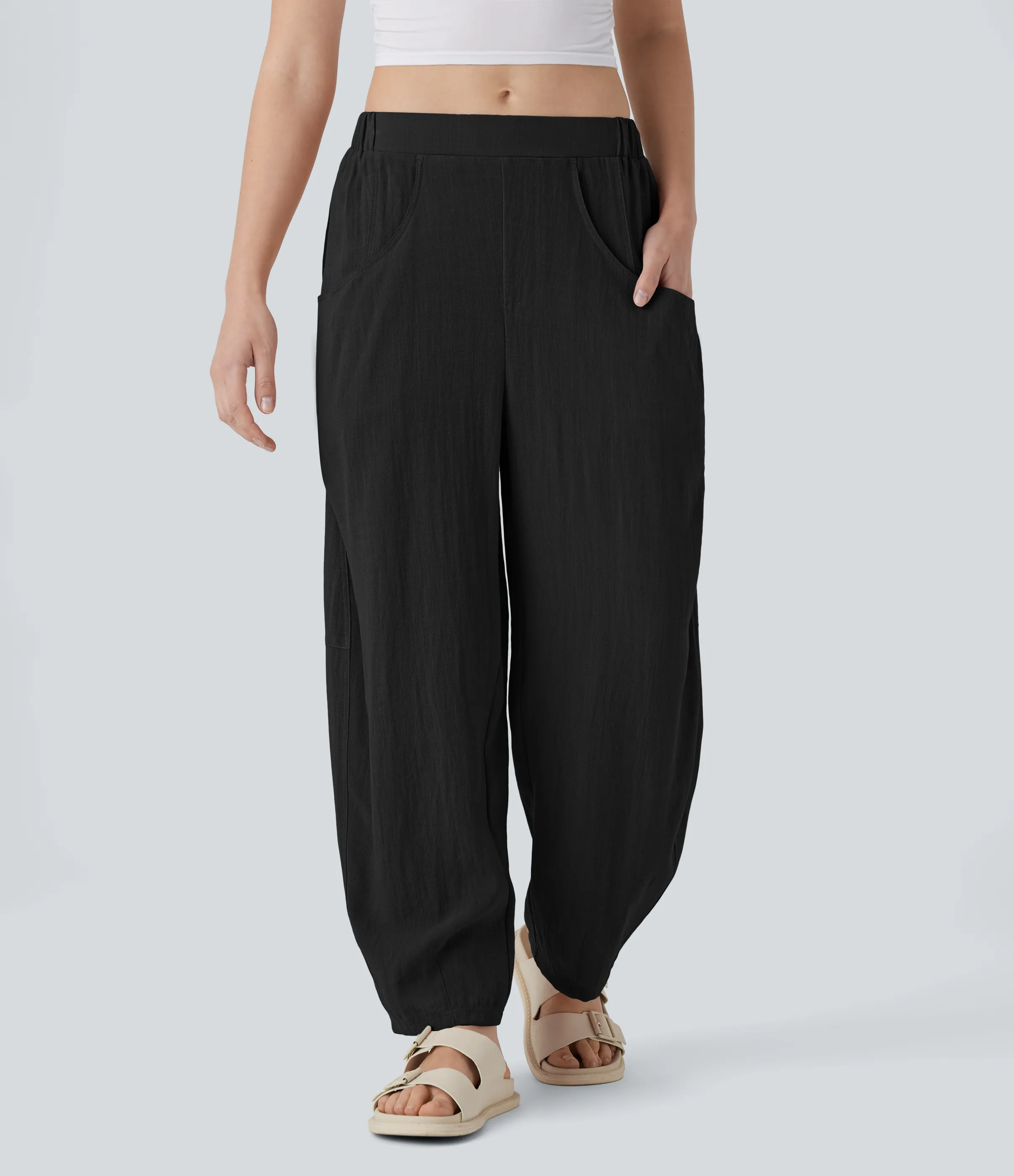 Halara Pantalón lino tiro alto bolsillo lateral pierna acampanada - Black - S(regular) sold by Halara product image thumbnail 2