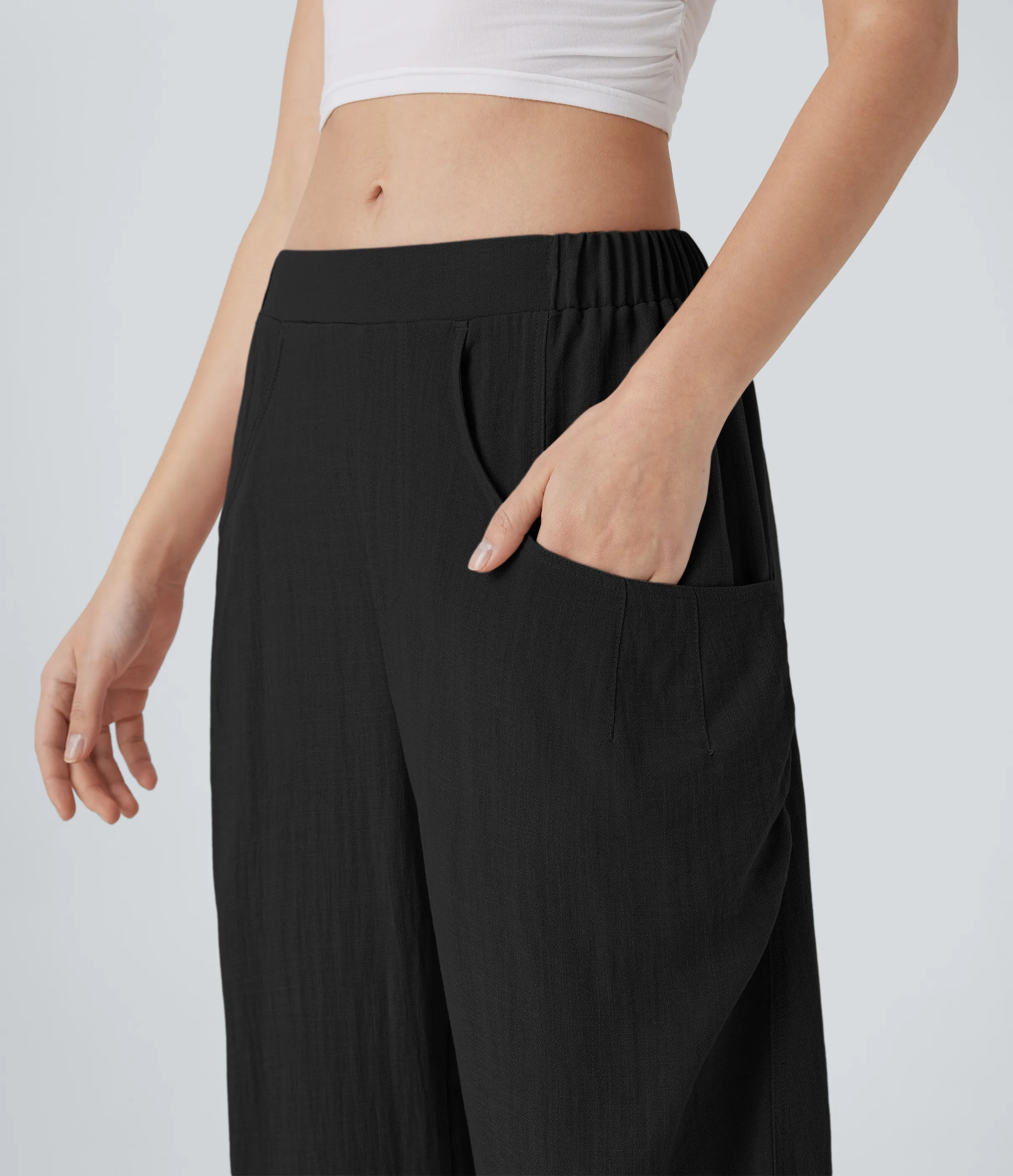 Halara Pantalón lino tiro alto bolsillo lateral pierna acampanada - Black - S(regular) sold by Halara product image thumbnail 5