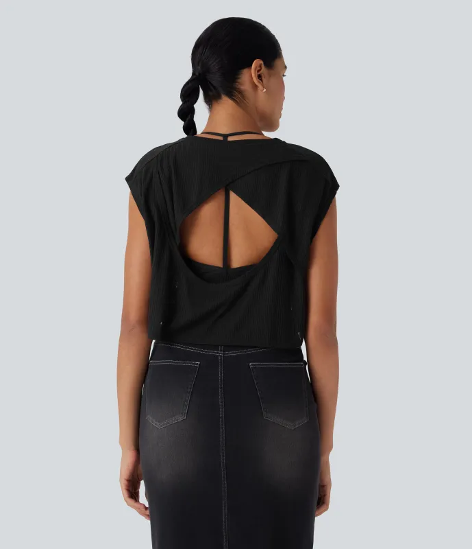 Halara Top casual con cuello redondo y manga corta - Black - XL sold by Halara