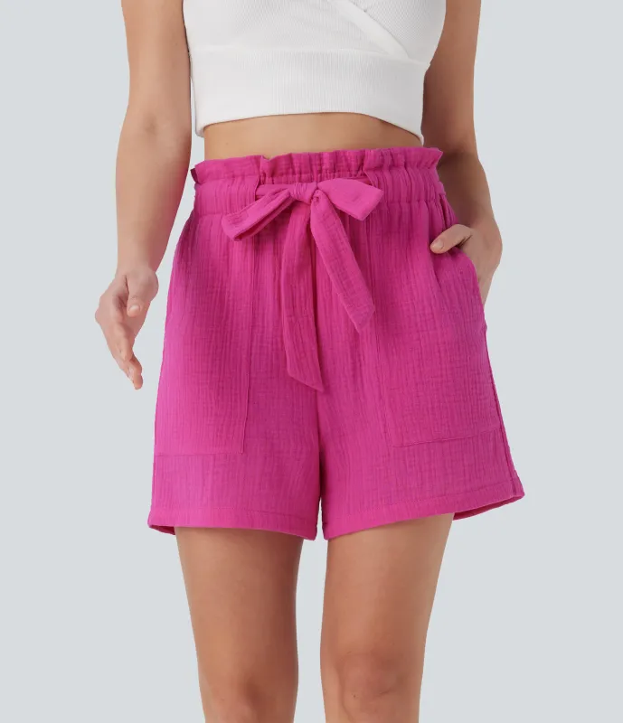 Halara Shorts casuales de algodón con tiro alto y bolsillos estilo paper bag con lazo frontal - Fuchsia Fedora - S(regular) sold by Halara