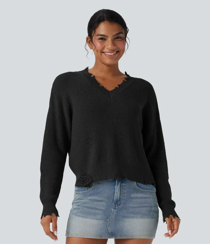 Halara Suéter casual desgastado con cuello en V - Black - XS sold by Halara