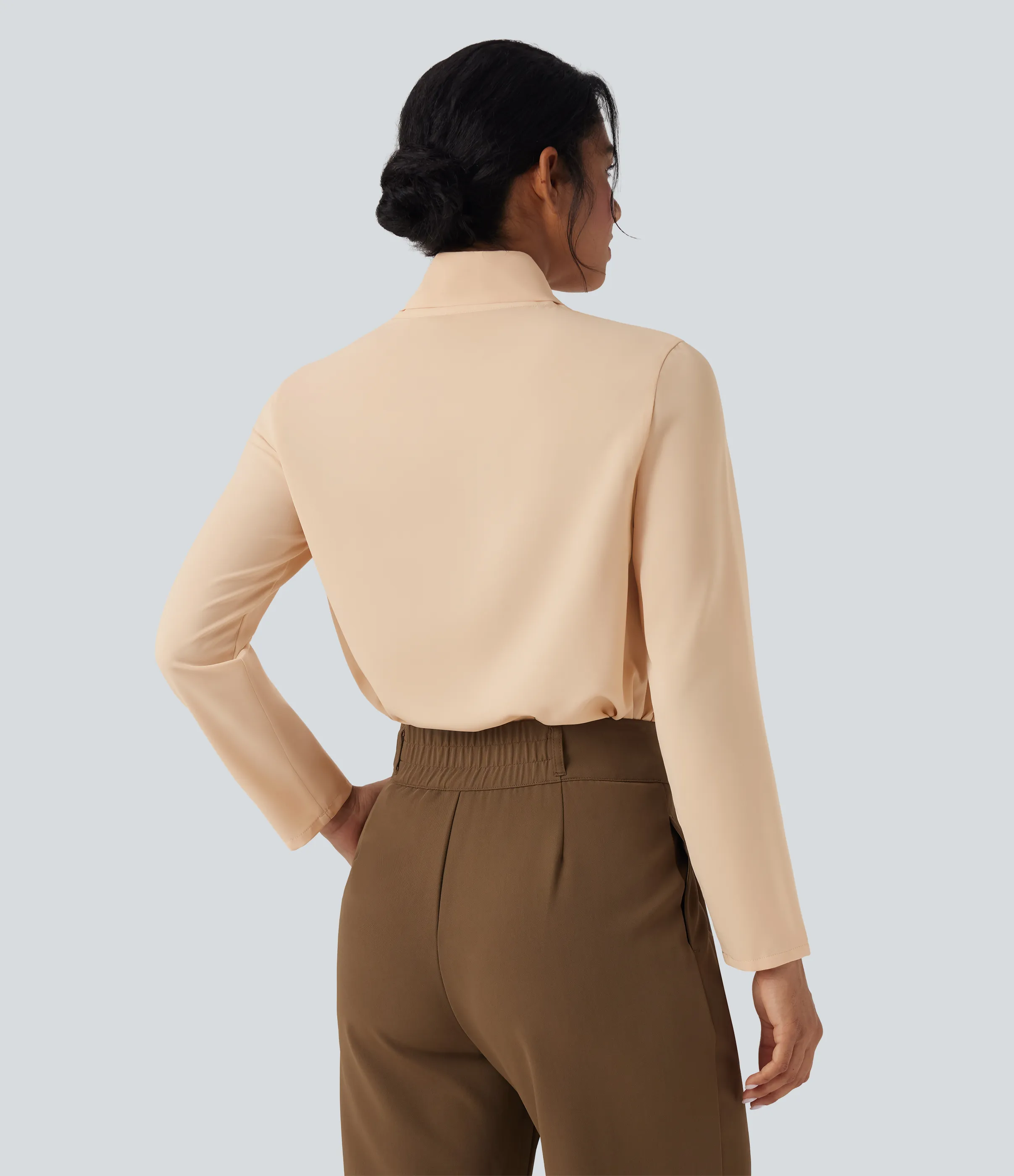 Halara Camisa de oficina de manga larga con cuello de bufanda antiarrugas - Gray Sand - L sold by Halara product image thumbnail 3