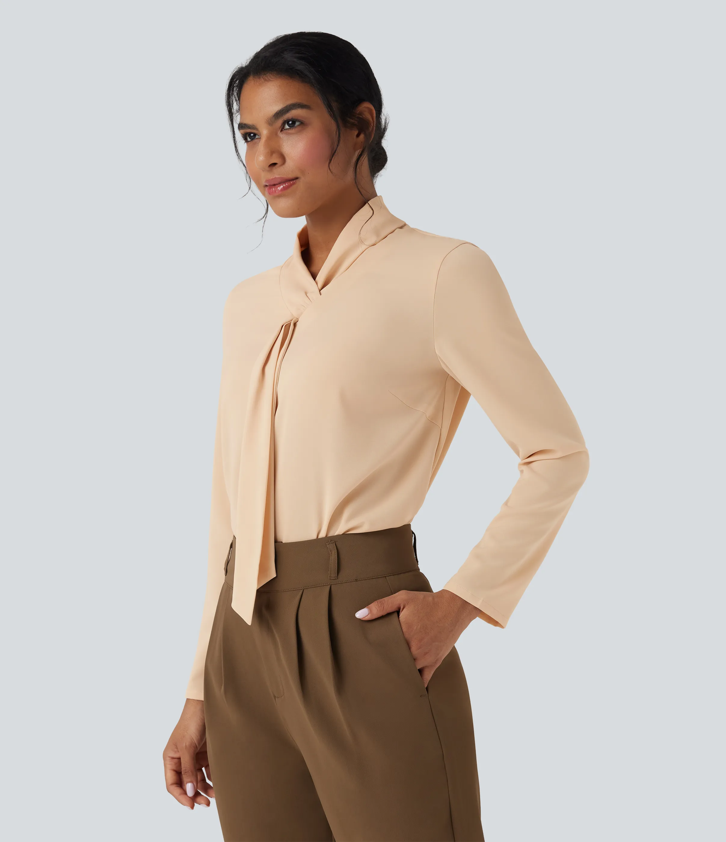 Halara Camisa de oficina de manga larga con cuello de bufanda antiarrugas - Gray Sand - L sold by Halara product image thumbnail 4