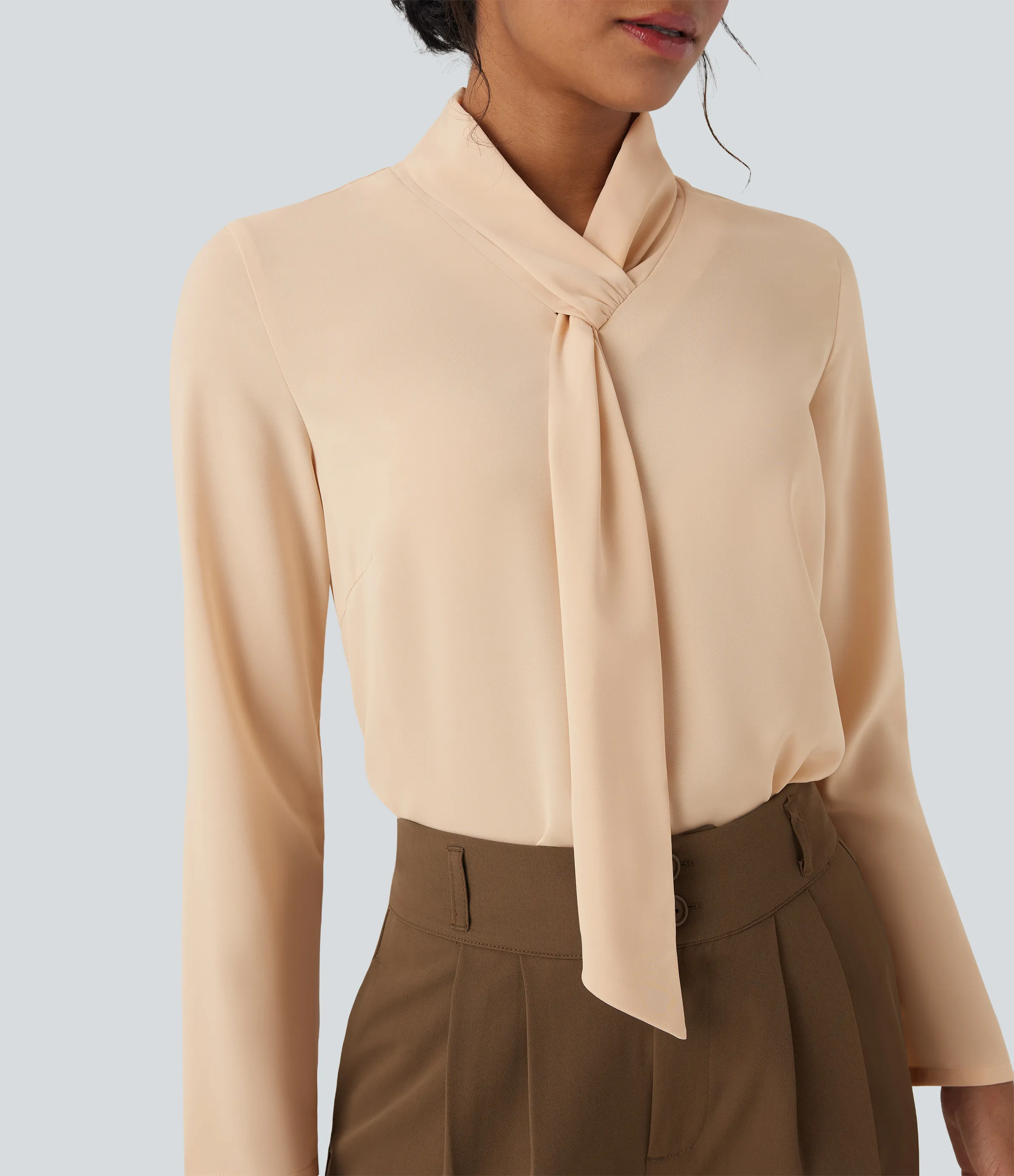 Halara Camisa de oficina de manga larga con cuello de bufanda antiarrugas - Gray Sand - L sold by Halara product image thumbnail 5