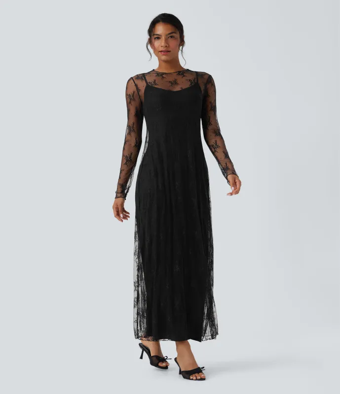 Halara Vestido casual largo maxi de manga larga de dos piezas con encaje casual - Black - M sold by Halara