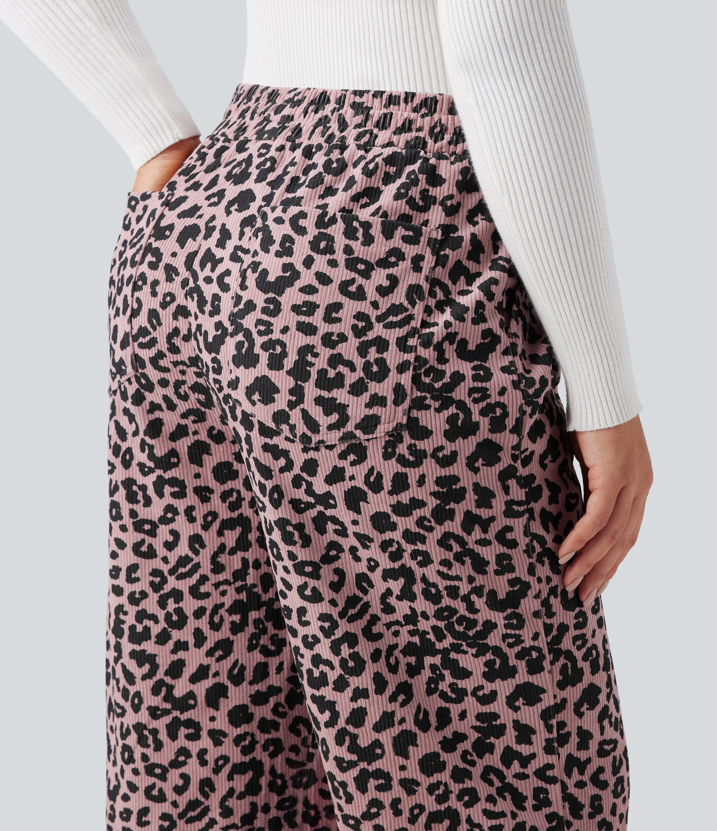 Halara Pantalones holgados casuales de pana con estampado de leopardo y tiro alto con bolsillos - Blush Leopard - L(regular) sold by Halara product image thumbnail 5
