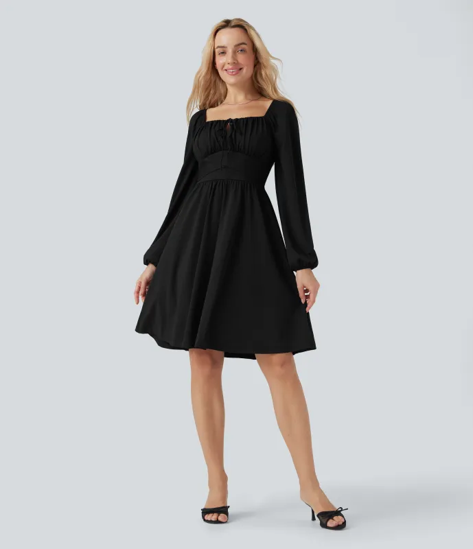 Halara Vestido mini casual con cuello cuadrado de manga larga con encaje, corsé y lazo en la espalda - Black - S sold by Halara