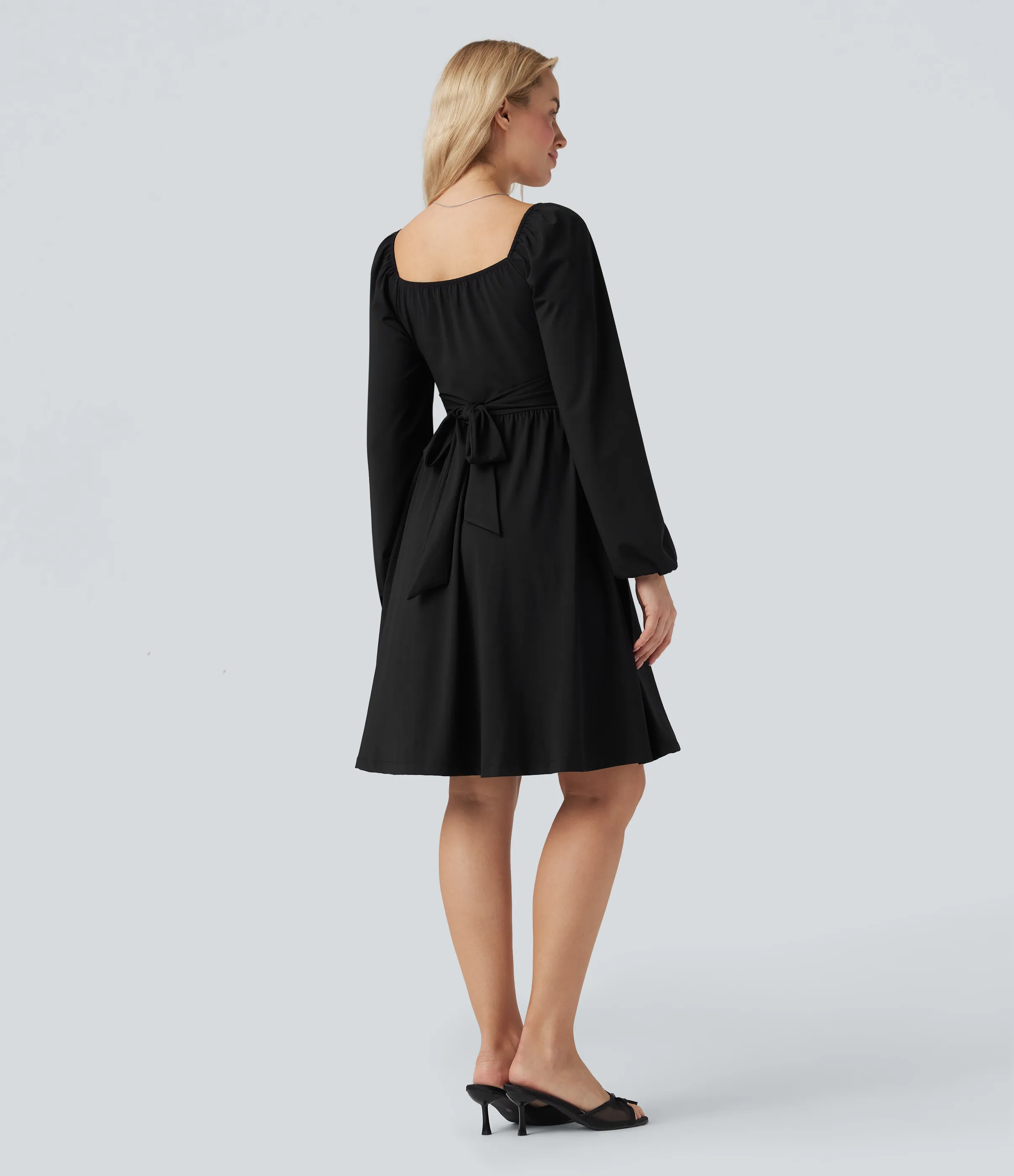 Halara Vestido mini casual con cuello cuadrado de manga larga con encaje, corsé y lazo en la espalda - Black - S sold by Halara product image thumbnail 3