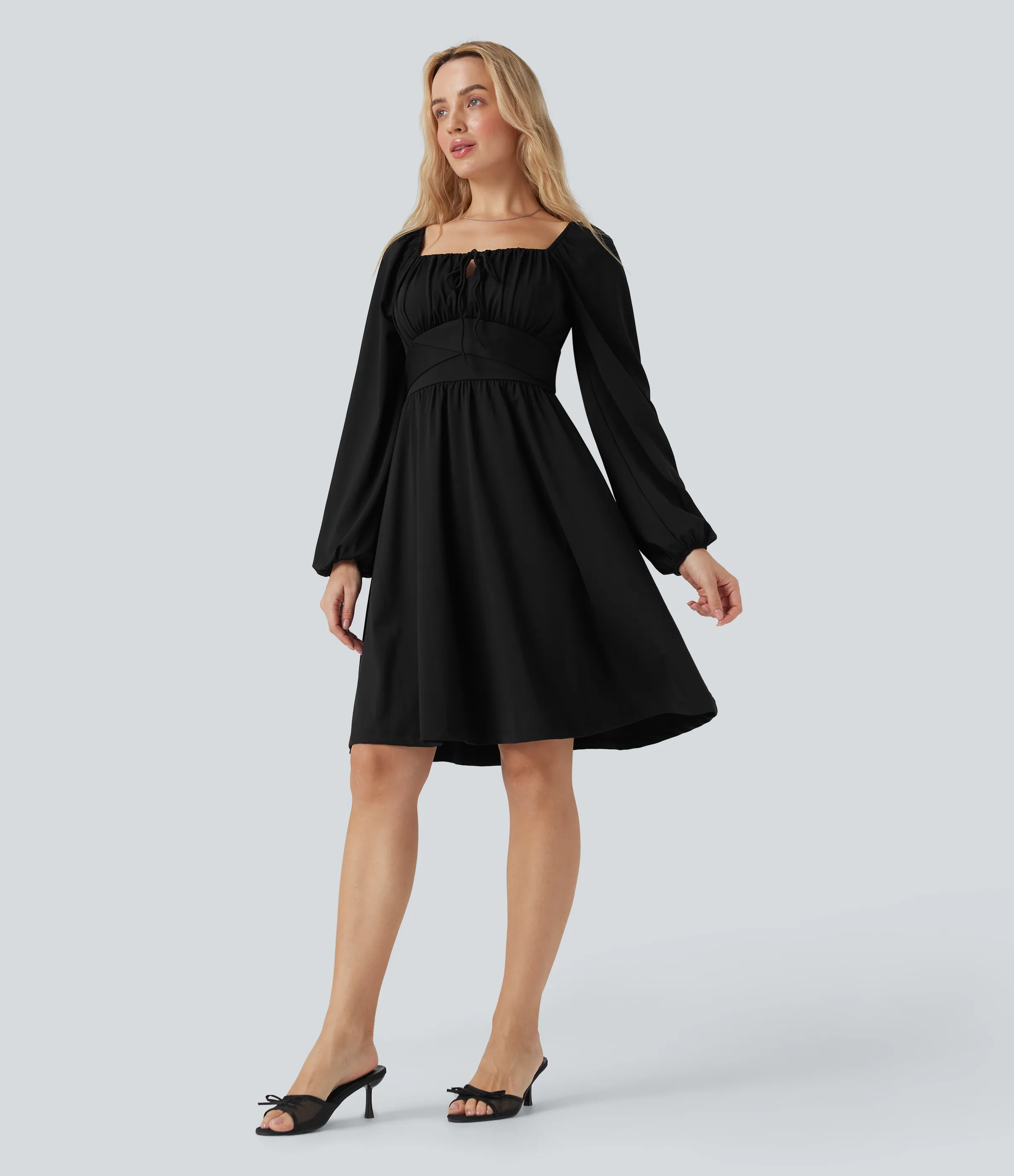 Halara Vestido mini casual con cuello cuadrado de manga larga con encaje, corsé y lazo en la espalda - Black - S sold by Halara product image thumbnail 4