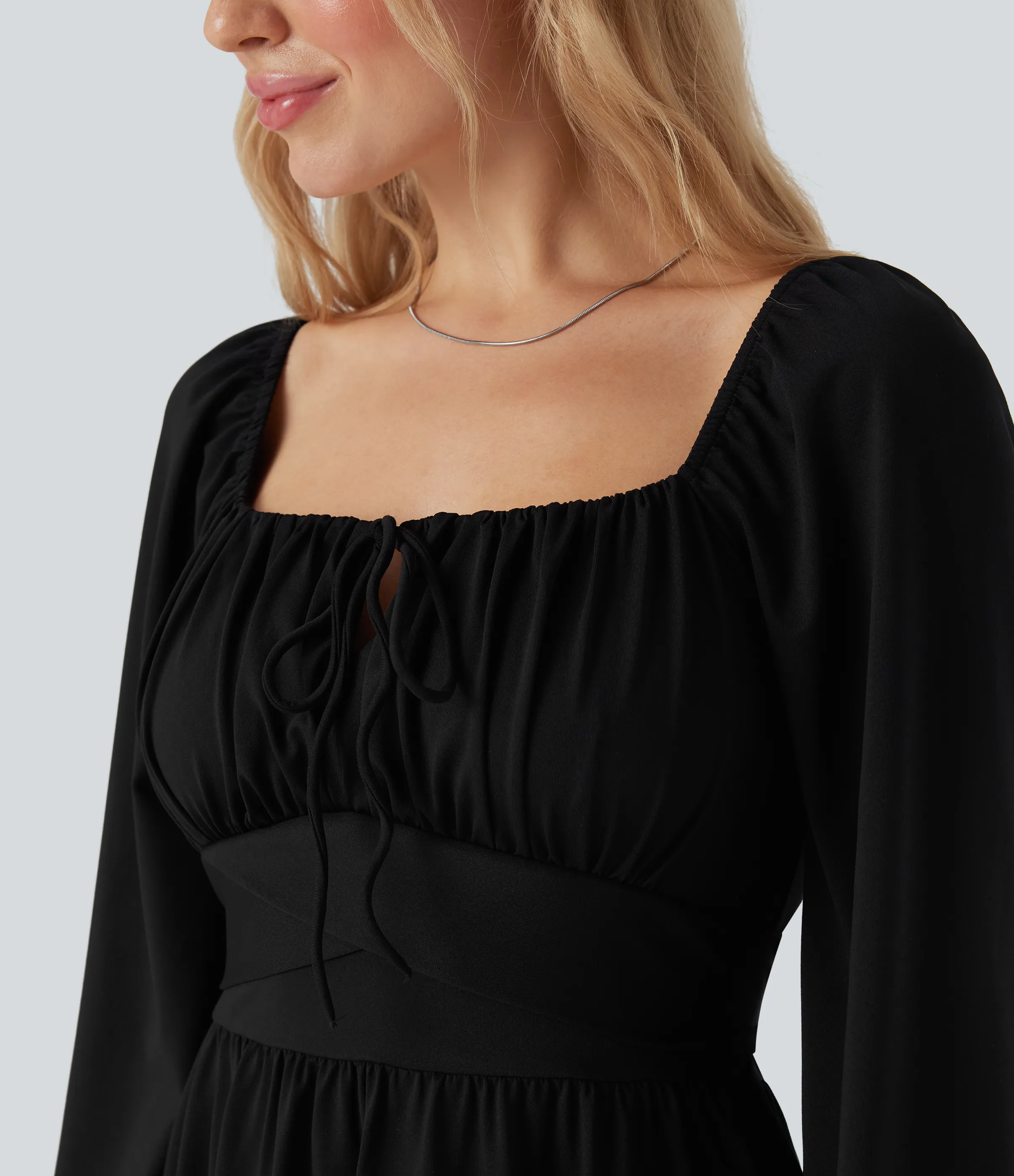 Halara Vestido mini casual con cuello cuadrado de manga larga con encaje, corsé y lazo en la espalda - Black - S sold by Halara product image thumbnail 5