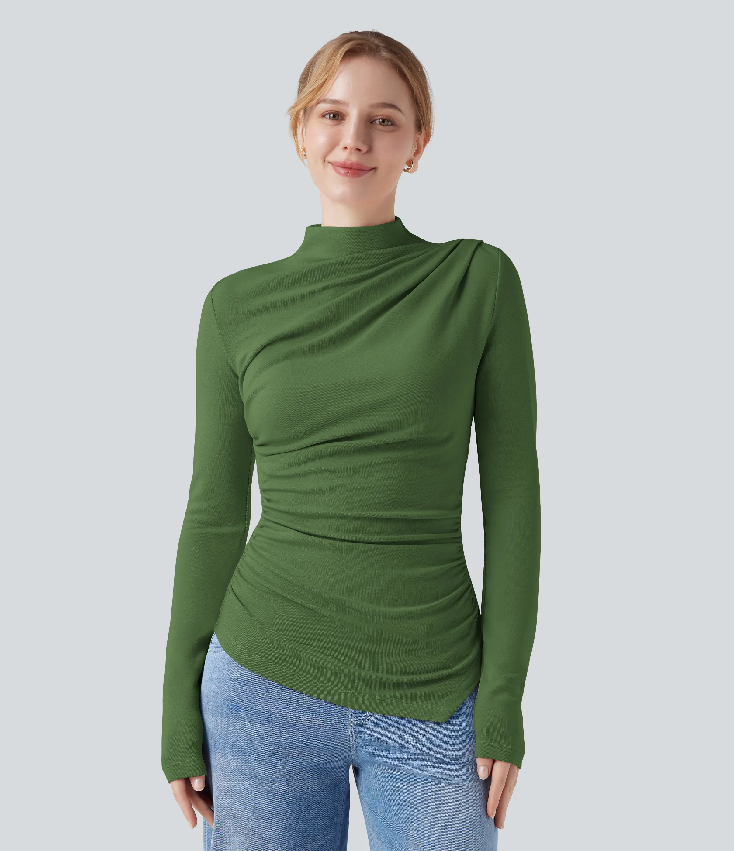 Halara Top casual térmico de cuello alto de manga larga con dobladillo asimétrico fruncido - Cactus - XS sold by Halara