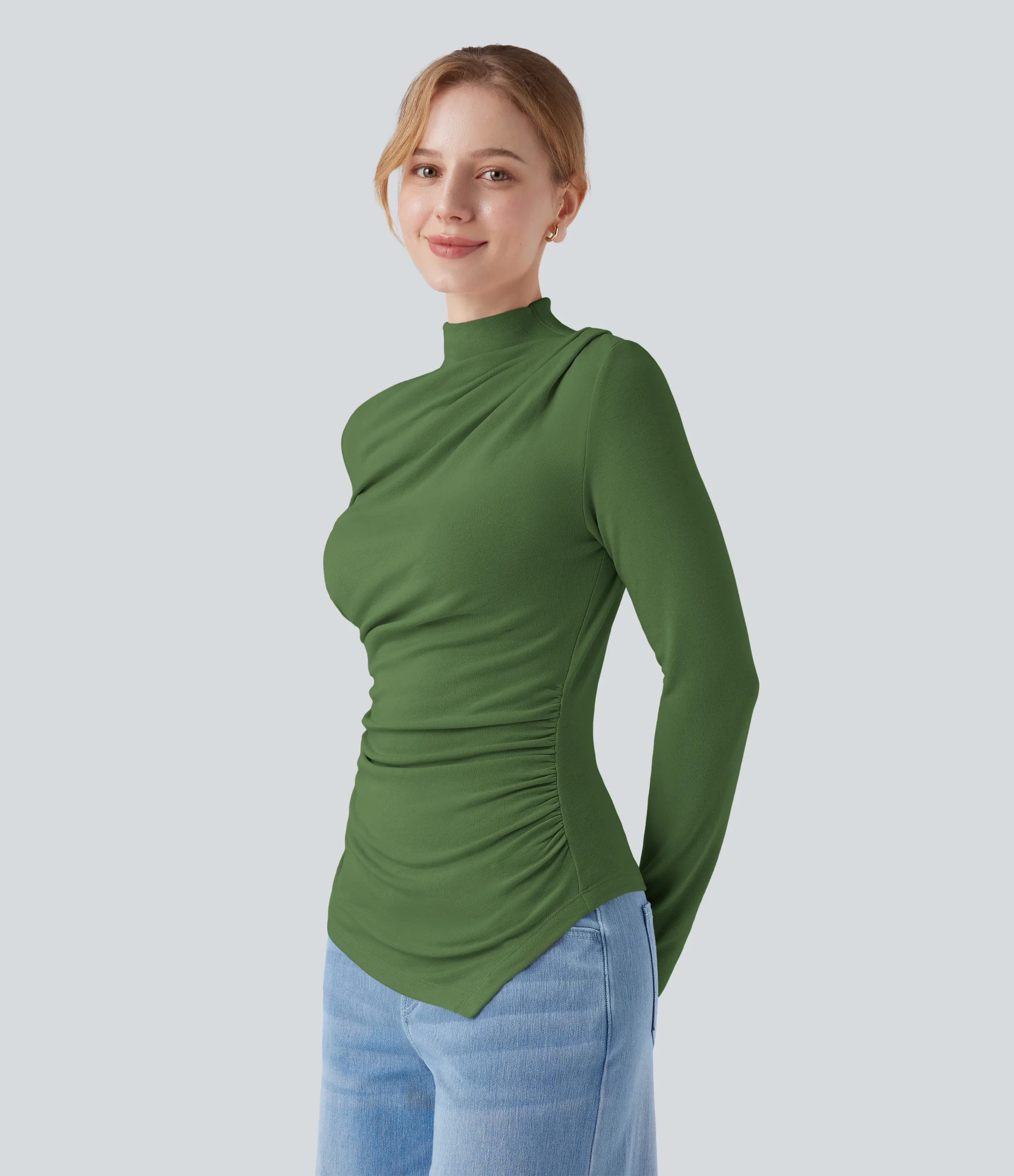 Halara Top casual térmico de cuello alto de manga larga con dobladillo asimétrico fruncido - Cactus - XS sold by Halara product image thumbnail 4