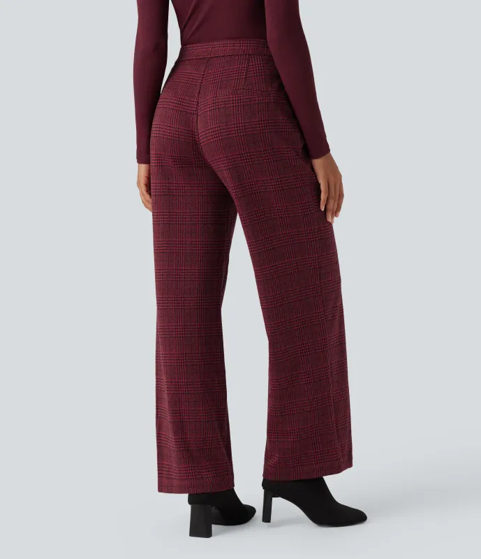 Halara Pantalones de oficina rectos Halara Flex™ de tiro alto con de pata de gallo y bolsillos - Burgundy Houndstooth Pattern - XL(regular) sold by Halara