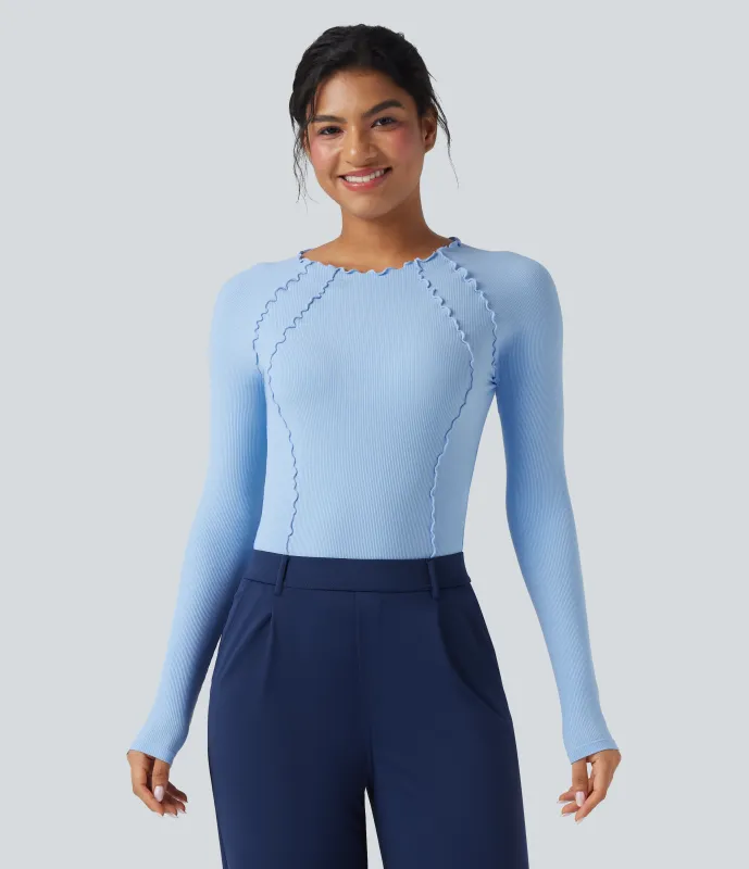 Halara Body de oficina de punto acanalado de manga larga con ribete y cuello redondo - Airy Blue - L sold by Halara