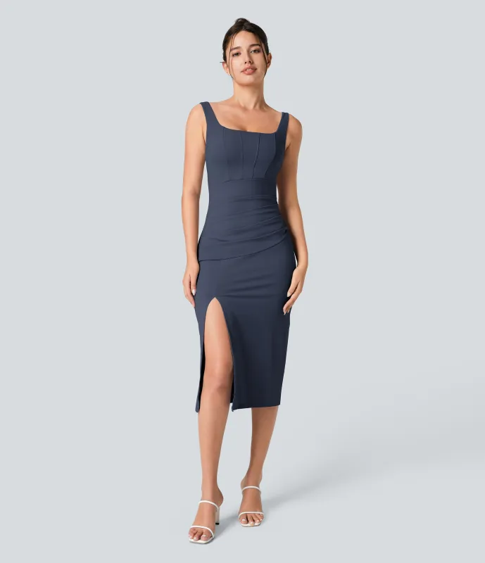 Halara Vestido midi ajustado Softlyzero™ Airy con escote cuadrado, espalda descubierta, fruncido y abertura de tacto fresco para dama de honor e invitada de boda - Mood Indigo - XS made by Halara