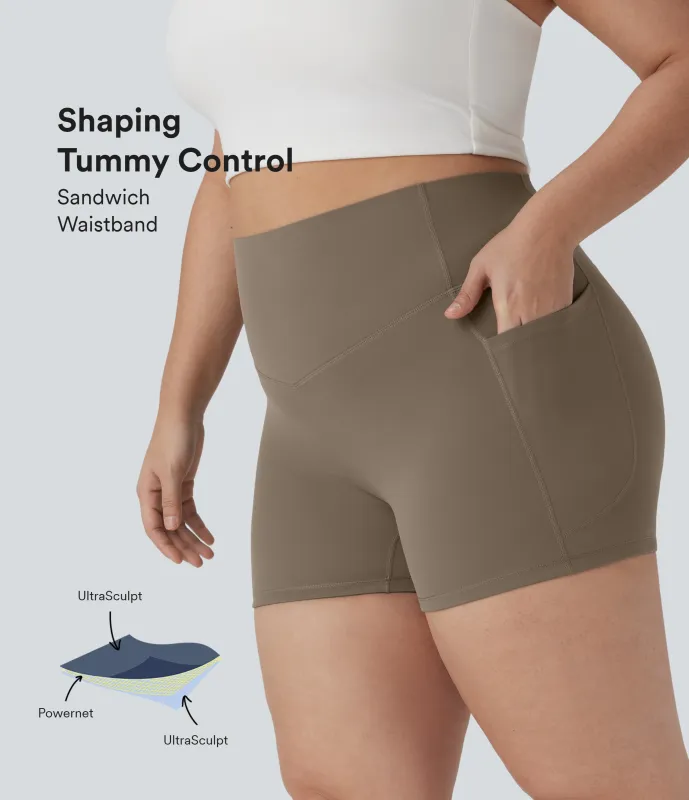 Halara Shorts de bikers deportivos moldeadores Halara UltraSculpt™ con reductor de abdomen y tiro alto de 7,6 cm con bolsillos laterales - Dawn Brown - 3X made by Halara