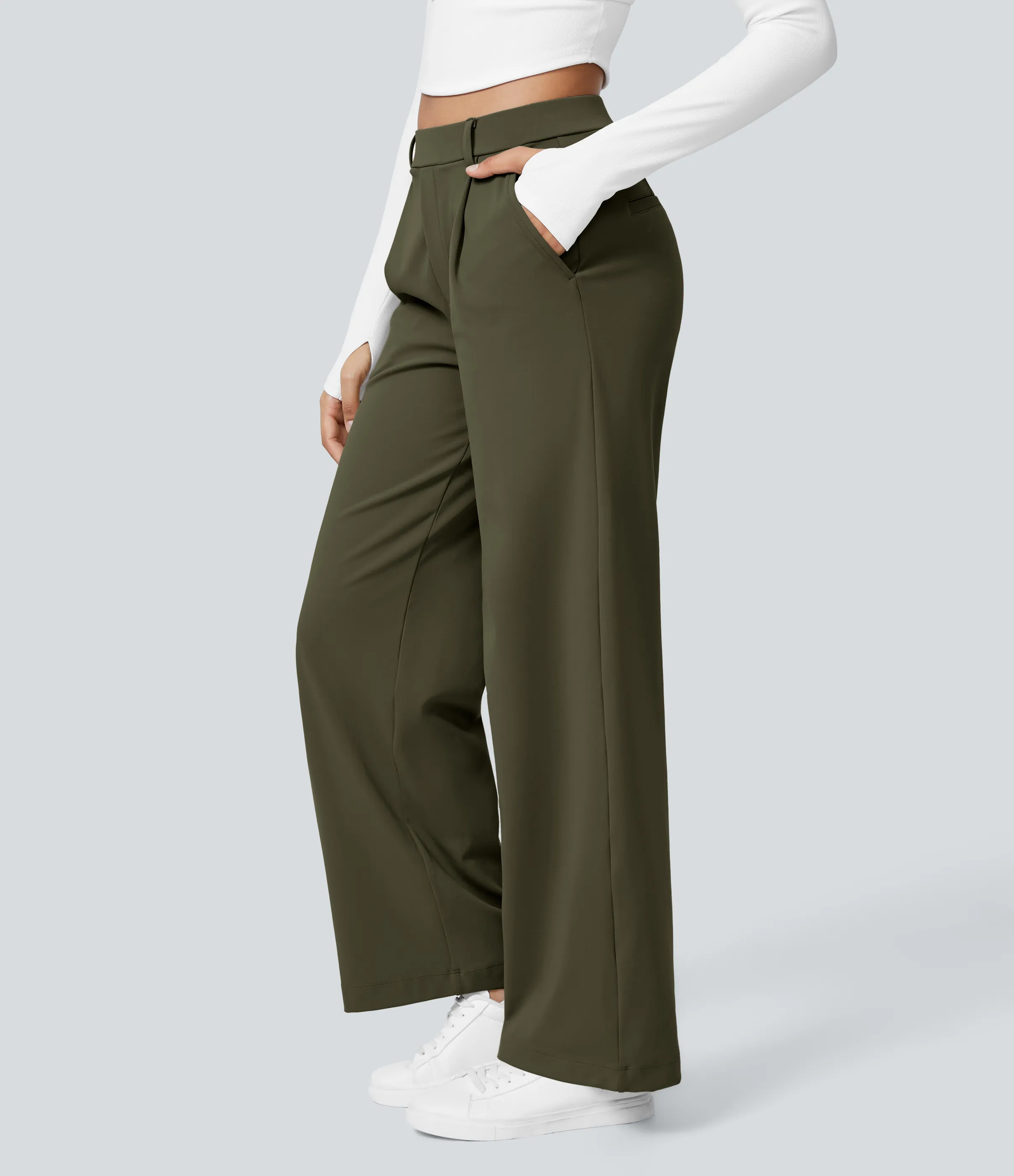 Halara Pantalón oficina pierna recta bolsillo lateral tiro alto pliegue - Forest Night - L(tall) sold by Halara product image thumbnail 4